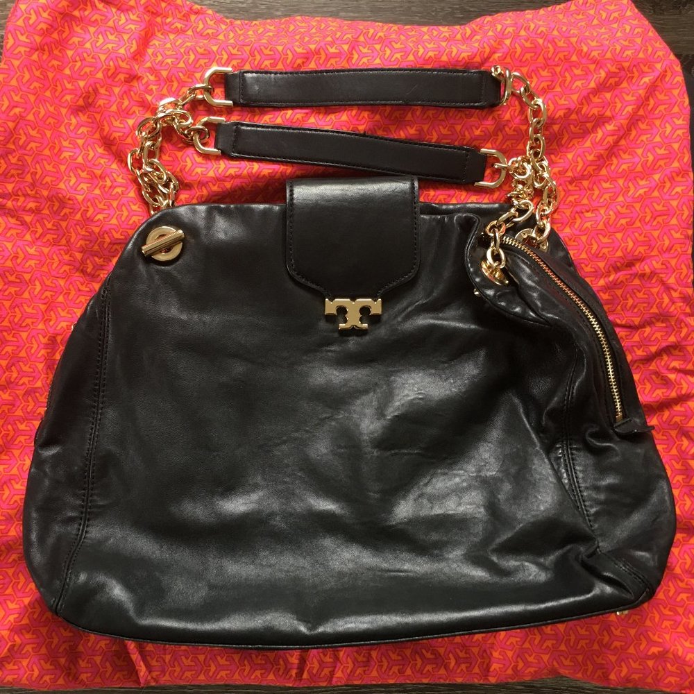 Tory Burch Black Leather Hobo Purse Bag